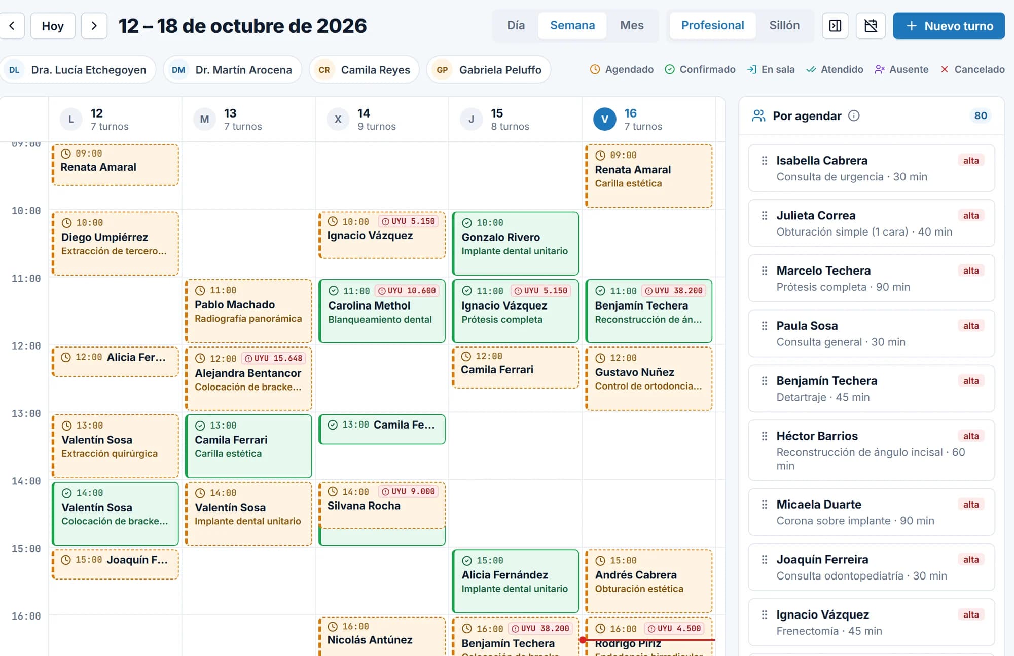 Agenda semanal de TotalDent con los turnos de cada profesional
